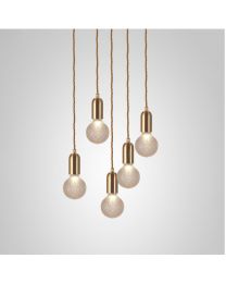 Lee Broom Frosted Crystal Bulb Chandelier - 5 Piece - Brushed Brass Pendants and Satin White Ceiling Plate