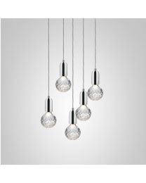 Lee Broom Clear Crystal Bulb Chandelier - 5 Piece - Polished Chrome Pendants and Satin White Ceiling Plate