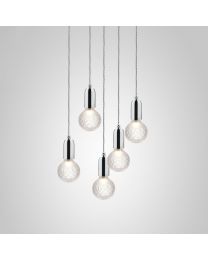 Lee Broom Frosted Crystal Bulb Chandelier - 5 Piece - Polished Chrome Pendants and Satin White Ceiling Plate